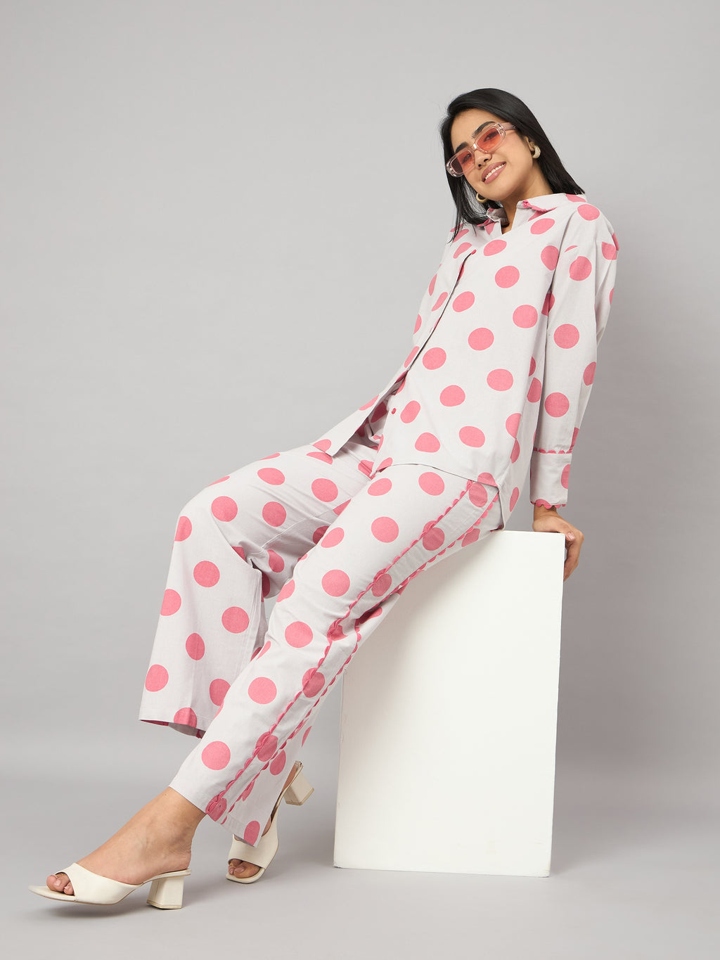 Pink Polka Dot Contrast Lace Shirt With Pant Set