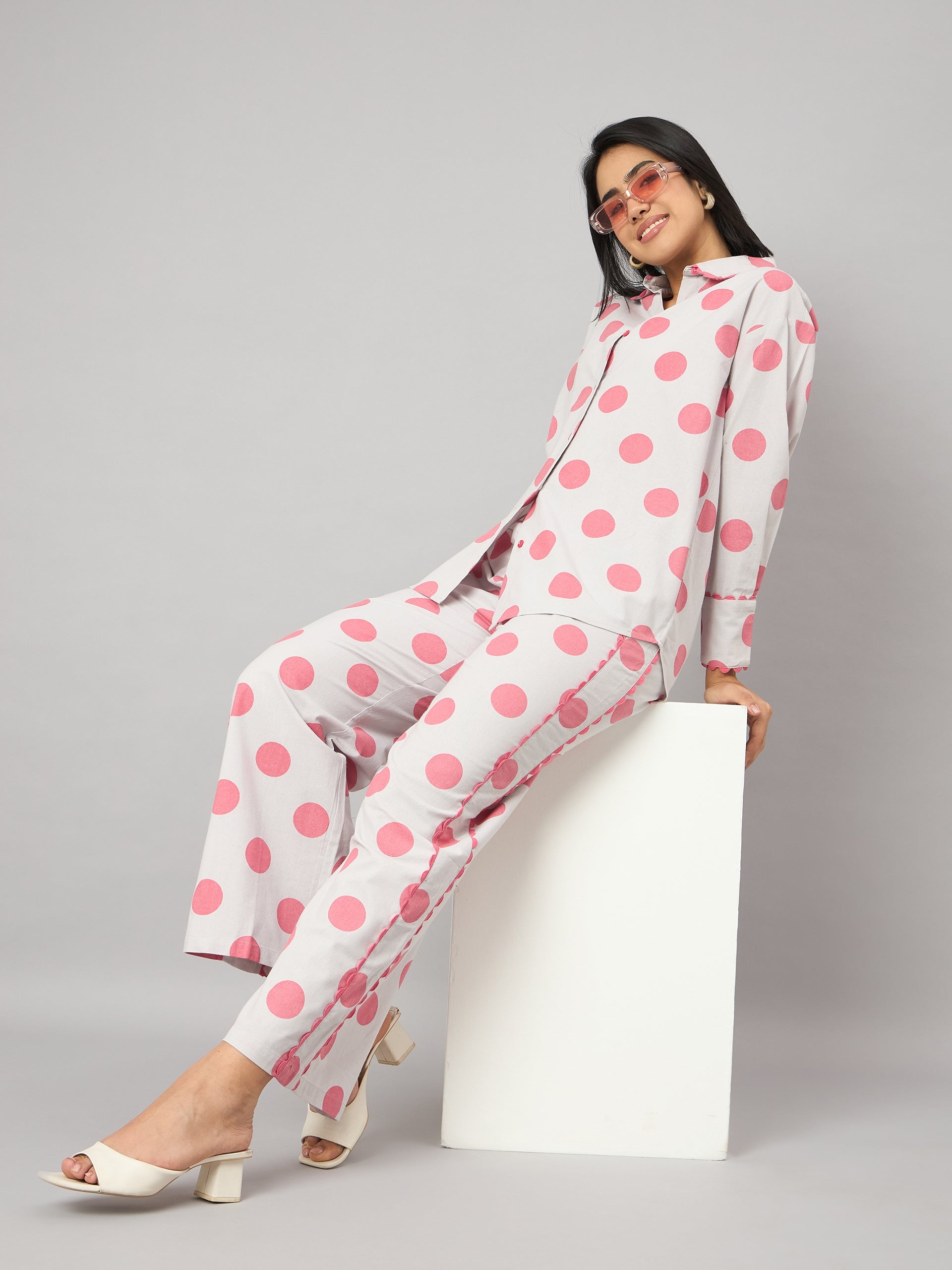 Pink Polka Dot Contrast Lace Shirt With Pant Set