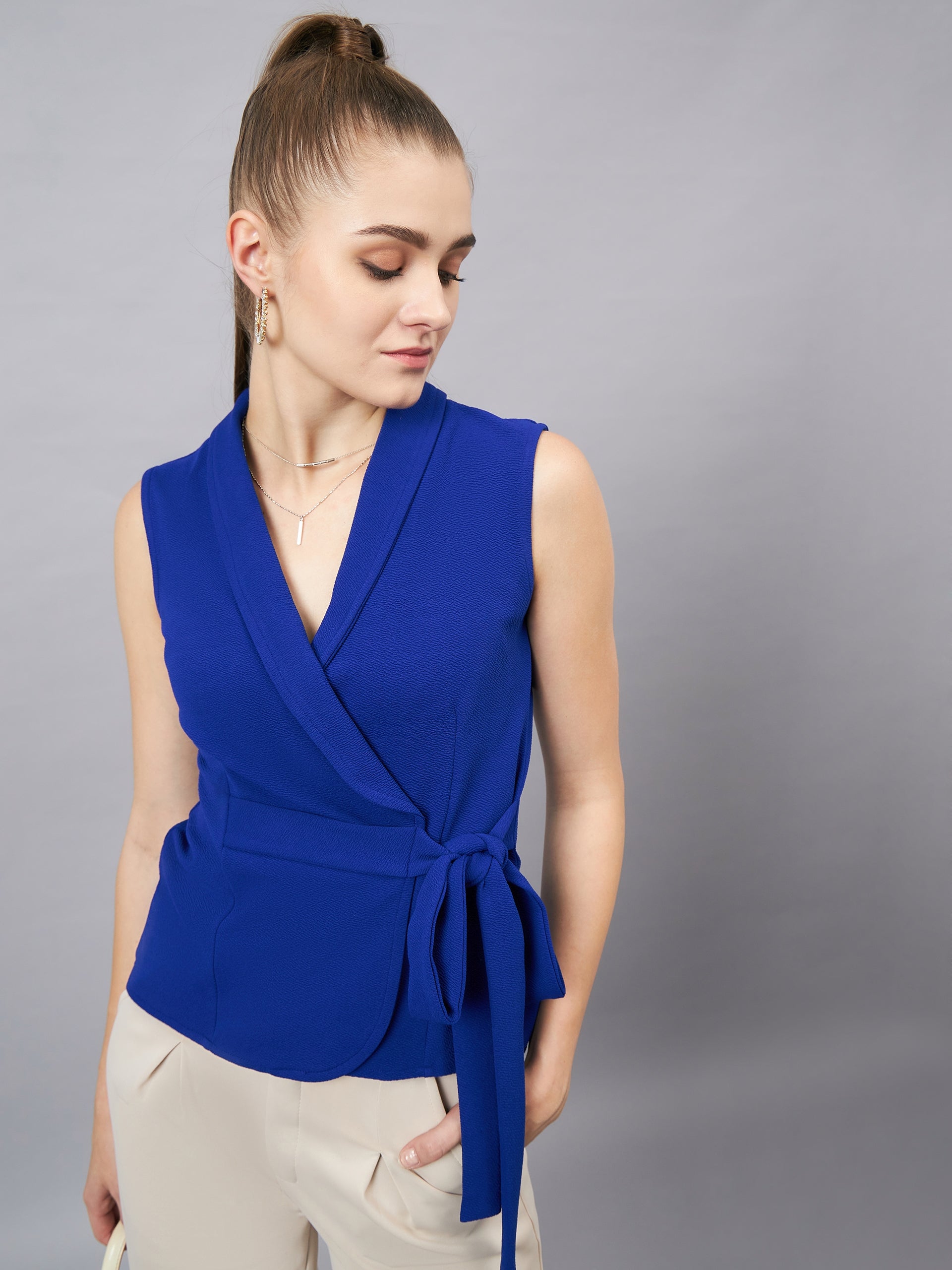 Royal Blue V Neck Sleeveless Wrap Top
