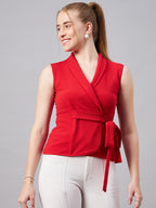 Red V Neck Sleeveless Wrap Top