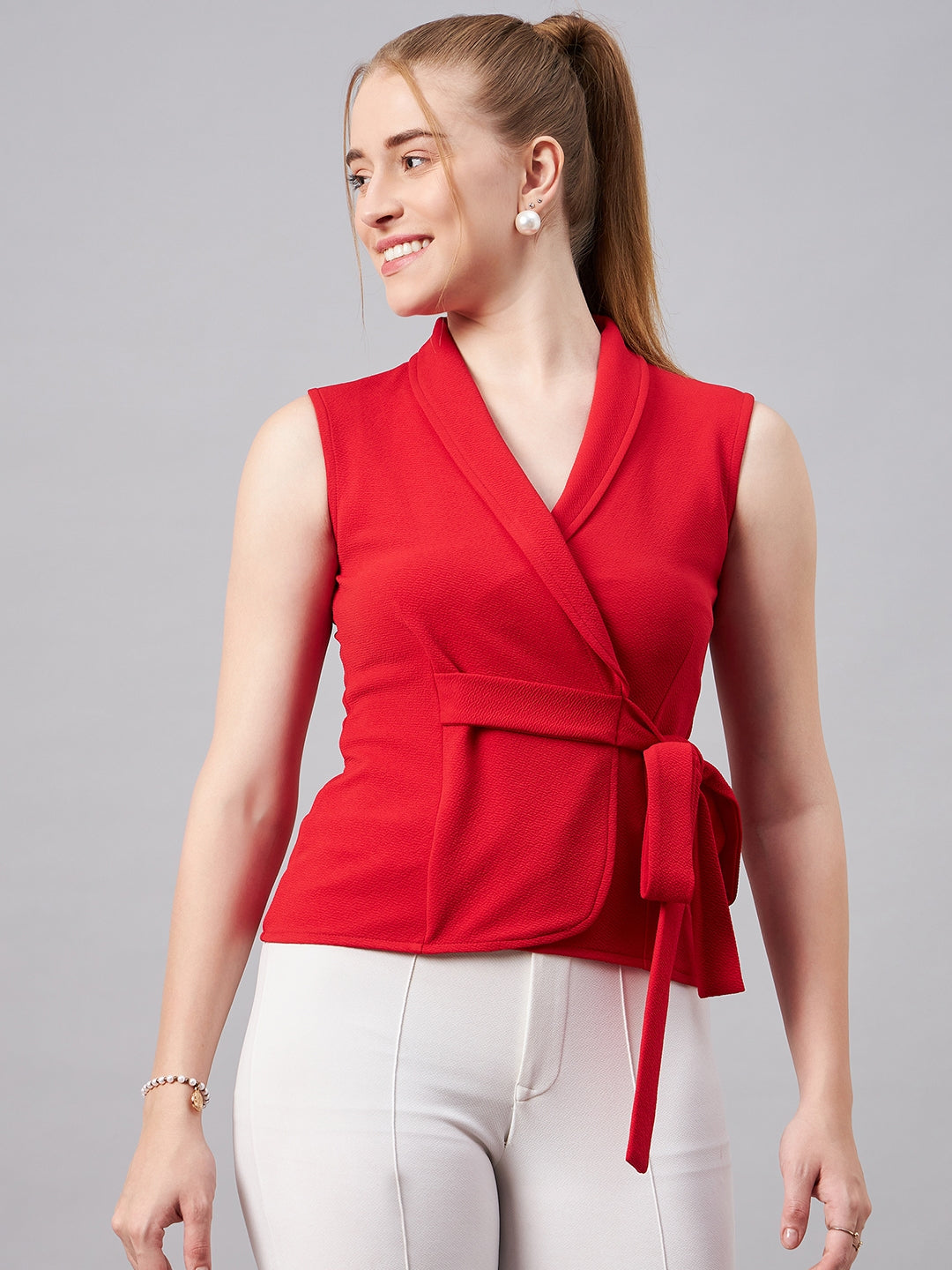 Red V Neck Sleeveless Wrap Top